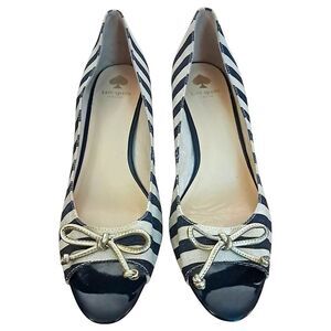 Kate Spade New York Melinda Canvas & Patent Leather Peep Toe Wedges Navy / Ivory